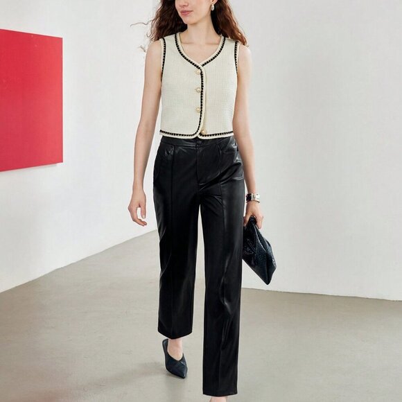 Beige Elegant Women's Tweed Summer Contrast Piping Vest Jacket - Picture 6 of 8